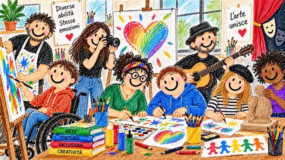 Illustrazione: un laboratorio artistico con pittura, fotografia, chitarra e scultura, e un cartello L'arte unisce