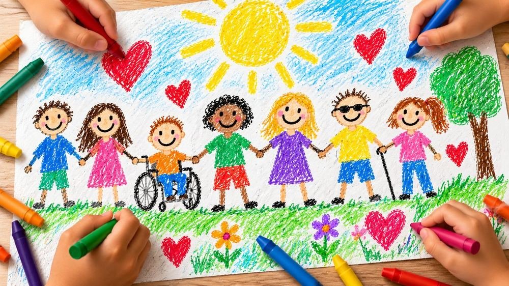Illustrazione: mani di bambini colorano con i pastelli un disegno di ragazzi che si tengono per mano, tra cui uno in carrozzina