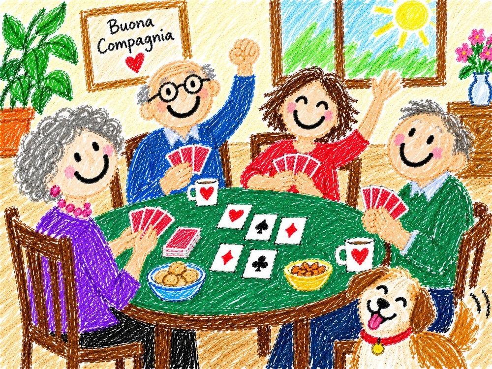 Illustrazione: quattro persone giocano a burraco intorno a un tavolo verde, con biscotti, caffe e un cane accanto