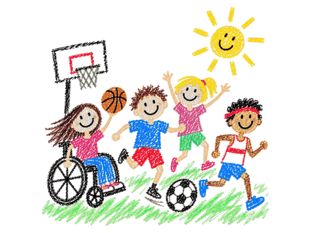 Illustrazione: ragazzi che giocano a basket e a calcio in un prato, una ragazza in carrozzina palleggia